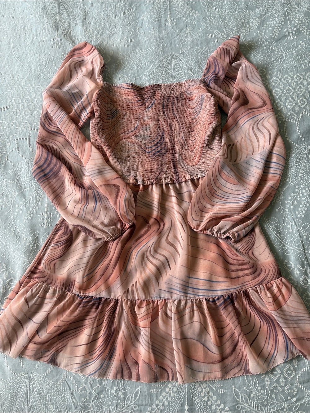 Wilfred- Chiffon Smocked Square-Neck Pink Wave Print Women's Dress